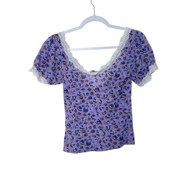 Kimchi Blue Blake Puff Sleeve Mesh Top Women L Purple Floral Y2K 90's Whimsical‎ - Picture 2 of 5